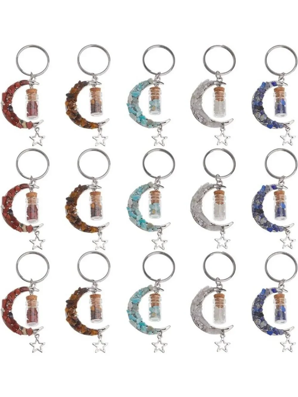 15Pcs Crescent Moon Keychains with Gemstone Charms & Glass Wish Jar - Unique